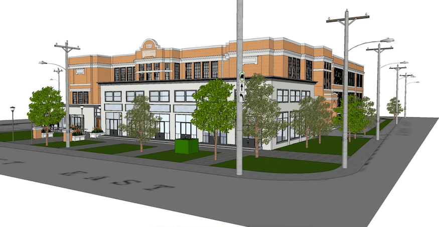 Stinson Properties rendering of the Gibson School Lofts at 601 Barton St. E. showing trees and renovated midcentury gymnasium wing in foreground