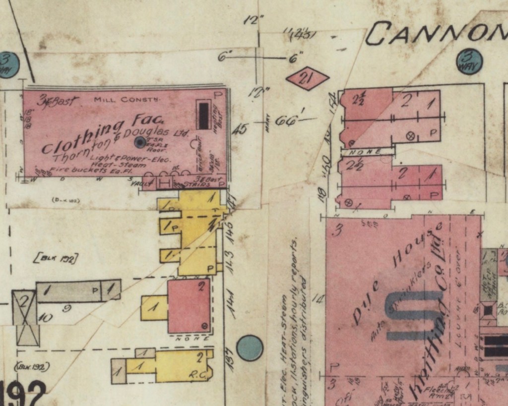 Fire Insurance Plan showing the south side of Cannon and Mary Streets, with Stewart & Witton's Thornton & Douglas Ltd; building set back from Cannon labelled Dye House on the east side of Mary